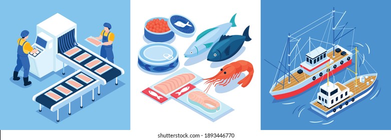 Fishing production design concept set of three square compositions with vessels conveyor and seafood isometric icons vector illustration