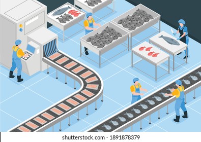 Fishing production isometric background with workers involved in hand processing and sorting on conveyor vector illustration