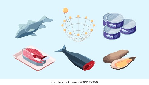 Fishing production. Marine sea or ocean food industry underwater fish hunting and selling and preparing food garish vector commercial industry isometric concepts