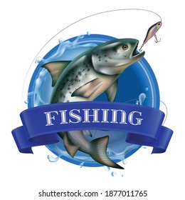 Fishing realistic colorful logo with fish taking bait on round see background vector illustration