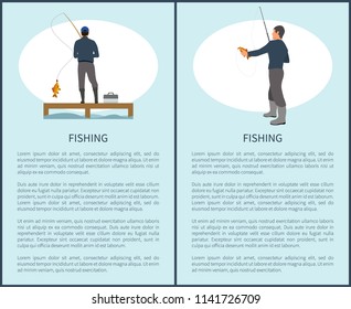 Fishing recreation poster including man on pier or dock with rod and box fishery gear depiction. Fisherman in overall with perch landing in hand.