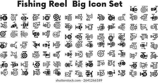 Fishing Reel Big Icon Set.eps, Fishing rod icon isolated on transparent background. Let's go fishing black and white vector icon set
