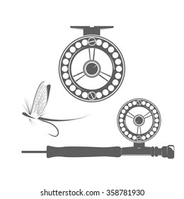 Fishing Reel And Fly Icon On The White Background