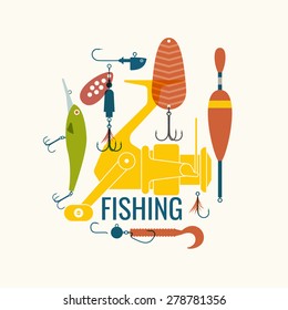 Fishing reel, hooks, float, fishing line, lure, bait. Vector elements, eps 10. Icons and illustrations for design, website, infographic, poster, advertising.