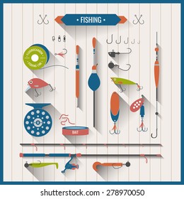 Fishing reel, hooks, float, fishing line, lure, bait. Icons and illustrations for design, website, infographic, poster, advertising.