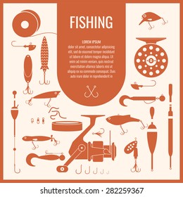 Fishing reel, hooks, float, fishing line, lure, bait. Icons and illustrations for design, website, infographic, poster, advertising.