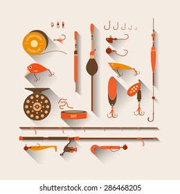 Fishing reel, hooks, float, fishing line, lure, bait. Icons and illustrations for design, website, infographic, poster, advertising.