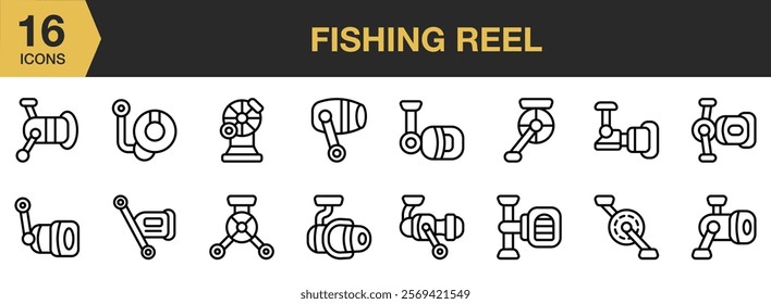 Fishing Reel icon set. Includes Bait, Catch, Fishing, Hobby, Reel, Rod, Sport, and More. Outline icons vector collection.