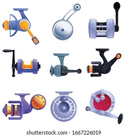 Fishing reel icons set. Cartoon set of fishing reel vector icons for web design