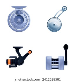 Fishing reel icons set cartoon vector. Equipment for fishing. Fisherman tool, pastime, hobby