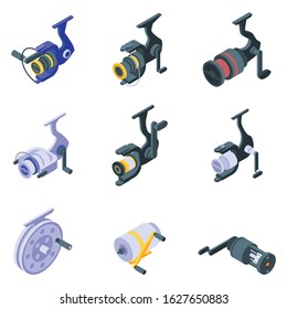 Fishing reel icons set. Isometric set of fishing reel vector icons for web design isolated on white background