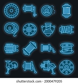 Fishing reel icons set. Outline set of fishing reel vector icons neon color on black