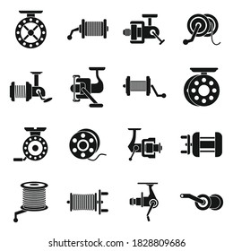 Fijación de iconos de carrete de pesca. Conjunto simple de iconos vectores de carrete de pesca para el diseño web sobre fondo blanco