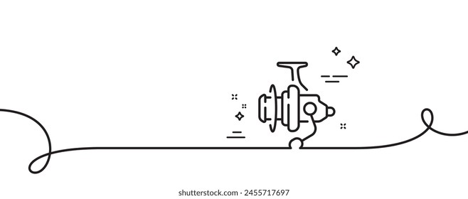 Fishing reel line icon. Continuous one line with curl. Fisherman coil sign. Spinning equipment symbol. Fishing reel single outline ribbon. Loop curve pattern. Vector