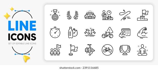 Fishing reel, Fishing rod and Arena stadium line icons set for app include Winner, Bike attention, Bicycle prohibited outline thin icon. Strong arm, Timer, Yoga pictogram icon. Vector