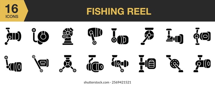 Fishing Reel solid icon set. Includes Bait, Catch, Fishing, Hobby, Reel, Rod, Sport, and More. Solid icons vector collection.