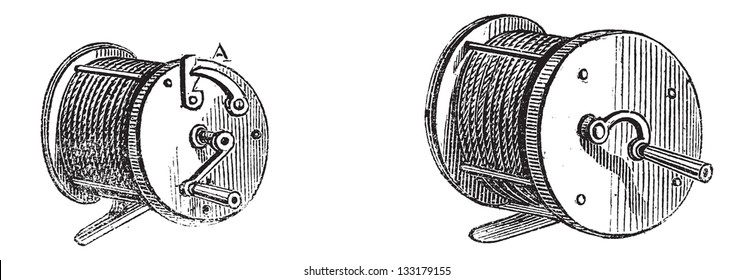 Fishing Reels, vintage engraved illustration. Le Magasin Pittoresque - Larive and Fleury - 1874