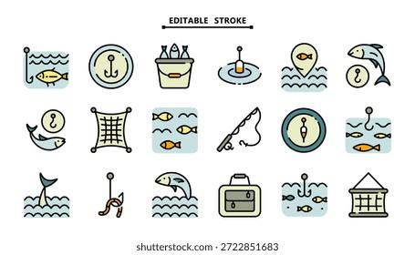Iconos relacionados con la pesca. Conjunto incluye peces, caña, red, cebo, flotador, aparejos de pesca. Aislado en blanco y editable trazo