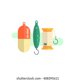 Pesca Objetos Relacionados Estilo Primitivo Imagen de Vector Plano De Color Gráfico En Fondo Blanco