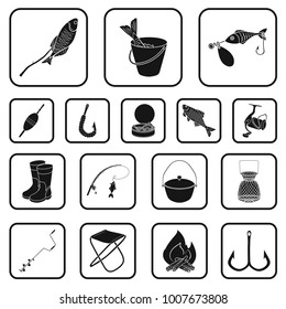 Fishing and rest black icons in set collection for design. Tackle for fishing vector symbol stock web illustration.