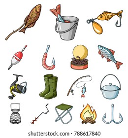 Fishing and rest cartoon icons in set collection for design. Tackle for fishing vector symbol stock web illustration.