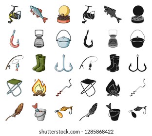 Fishing and rest cartoon,black icons in set collection for design. Tackle for fishing vector symbol stock web illustration.