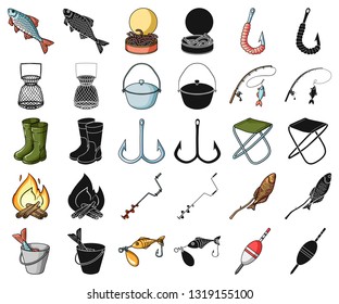 Fishing and rest cartoon,black icons in set collection for design. Tackle for fishing vector symbol stock web illustration.