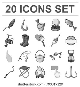 Fishing and rest monochrome icons in set collection for design. Tackle for fishing vector symbol stock web illustration.