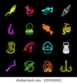 Fishing and rest neon icons in set collection for design. Tackle for fishing vector symbol stock web illustration.