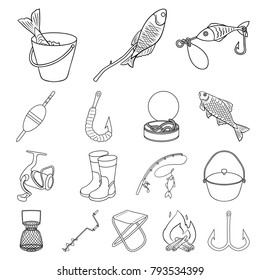 Fishing and rest outline icons in set collection for design. Tackle for fishing vector symbol stock web illustration.