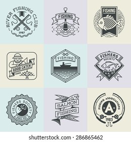 Fishing Retro Design Insignias Logotypes Set . Vector Elements Illustrations.