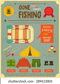 Fishing Retro Poster: Equipment for Fishing. Advertising Fishing Store. Vector illustration.