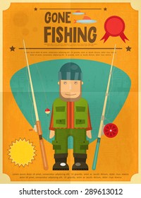 Fishing Retro Poster: Fisherman with Fishing Rods. Vector illustration.