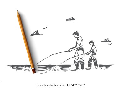 Fishing, river, father, son, catch concept. Hand drawn dad and his son fishing together in river concept sketch. Isolated vector illustration.