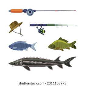 Fishing with River or Freshwater Fish and Rod Vector Set