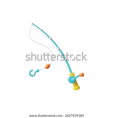 Fishing rod 3D plastic style icon. Cartoon angling equipment, fisherman spinning tool. Stick with reel, fishing line, hook and bobber. Vector render illustration isolated on white background