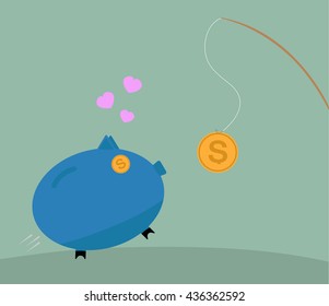 Fishing rod with a bait coin and piggy bank.Concept of financial trap.fraud or motivation concept. Commercial, financial, marketing metaphor