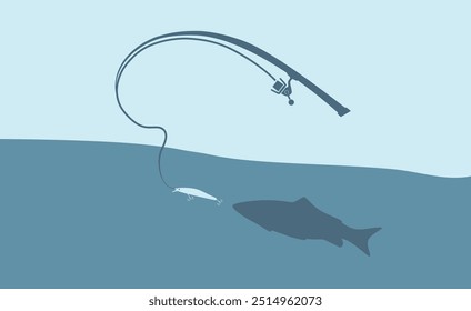 Vara de pesca com isca e peixe subaquático. Ilustração vetorial minimalista da cena de pesca com vara, linha, isca e sombra de peixe na água. Conceito de esportes recreativos e ao ar livre para banner ou cartaz