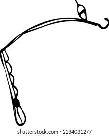 Fishing rod. Black and white vector illustration, hand-drawn. Isolated object on a white background. Clipart, template, sketch.