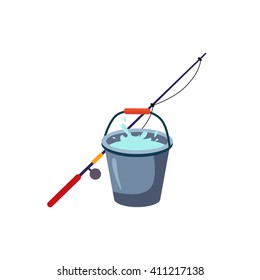 Fishing Rod And Bucket Cartoon Simple Style Colorful Isolated Flat Vector Illustration On White Background