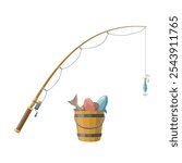 Fishing rod and a bucket of caught fish. Fisherman catch isolated vector illustration