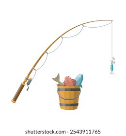 Fishing rod and a bucket of caught fish. Fisherman catch isolated vector illustration