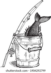 Fishing rod and bucket with fish, black and white illustration. Vector image.