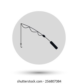 Fishing rod camping icon, black vector symbol