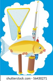 Fishing rod and catch net. Tools for fishing.