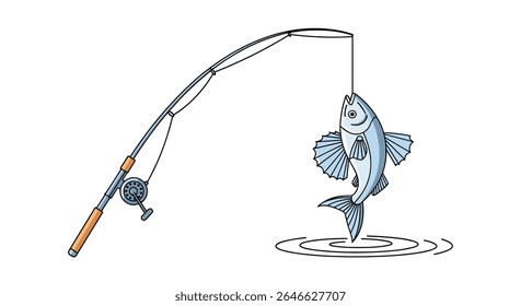 Fishing Rod With A Catch Vector Illustration Of Blue Fish On Hook