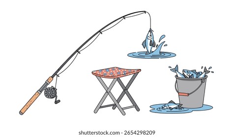 Fishing Rod Catching Fish into Bucket Beside Small Folding Chair Outdoors