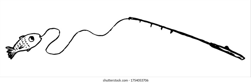 Fishing rod with caught fish. Hand drawn vector illustration. Cute doodle, sketching. Black contour drawing isolated on white. Primitive style, single picture for design, print, card, poster, sticker.