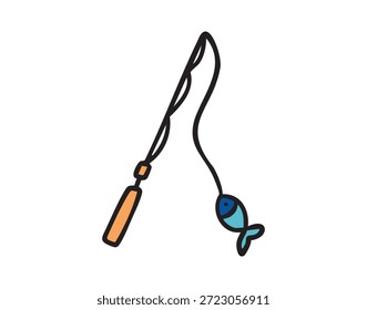 Angelrute mit gefangenem Fisch, handgezeichnetes Doodle. Vektorgrafik.