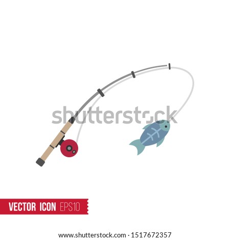 Fishing rod and caught a fish icon in flat style isolated on white background